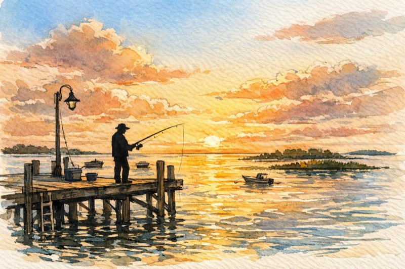 Fishing at Cedar Key Florida at sunset