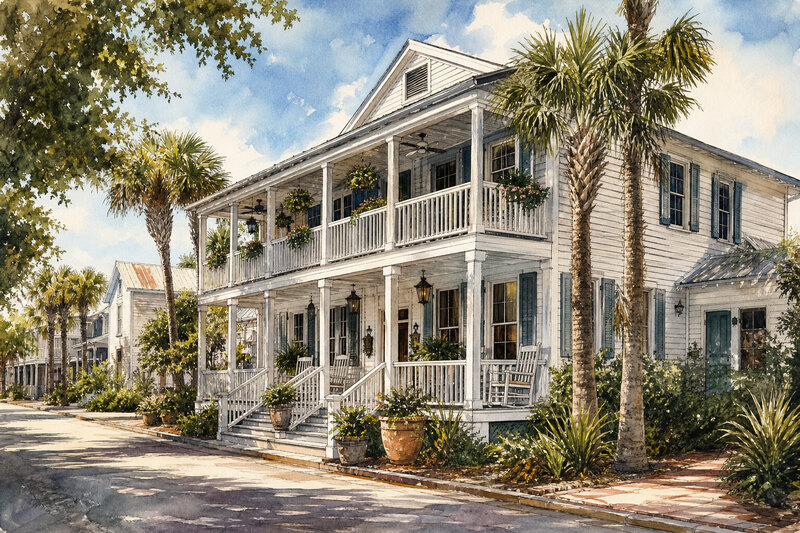Watercolor illustration of a quiet Cedar Key inn street
