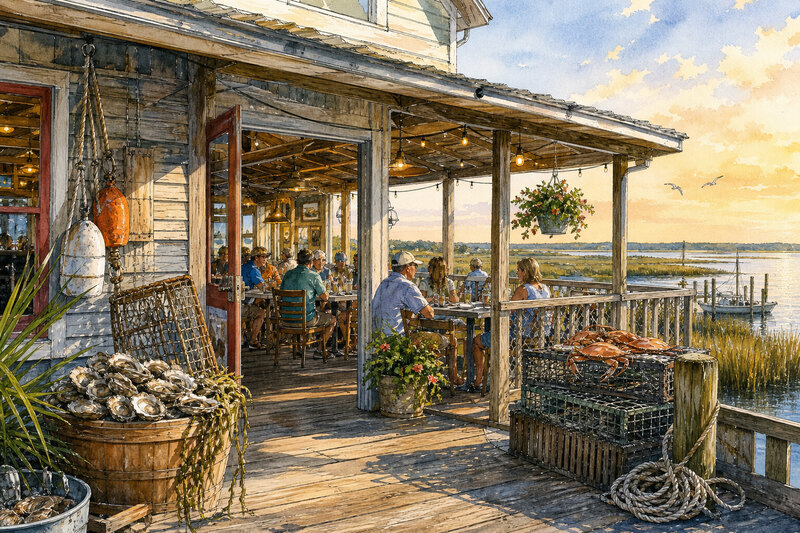 Waterfront restaurant setting in Cedar Key