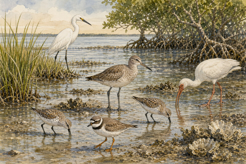 Shore birds at Cedar Key Florida tidal flats