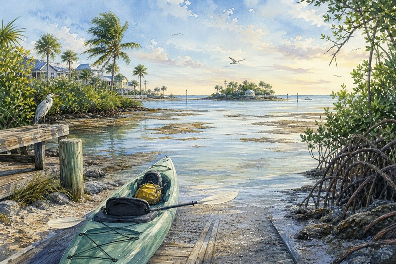 Watercolor Cedar Key kayak launch with low-tide flats, mangrove edges, and islands beyond