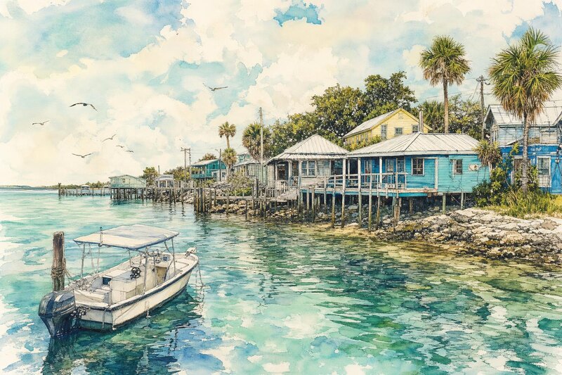 Watercolor Cedar Key kayak launch with low-tide flats, mangrove edges, and islands beyond