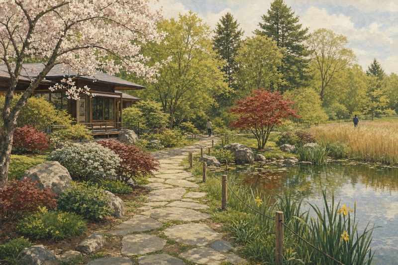 Ponds and plantings near Japan House and the Illinois Arboretum