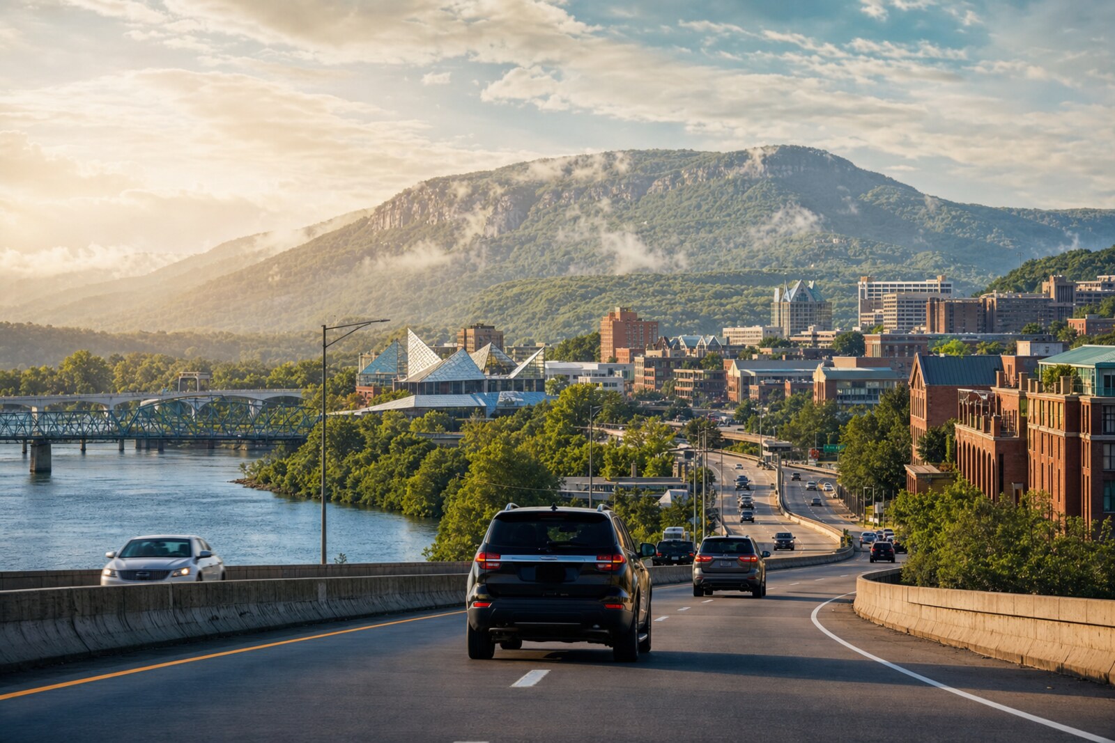 Road arriving toward Chattanooga and the Tennessee River