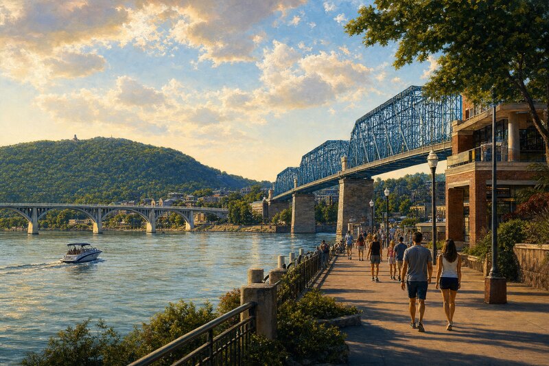 Contextual Chattanooga riverfront scene during the Walnut Street Bridge detour