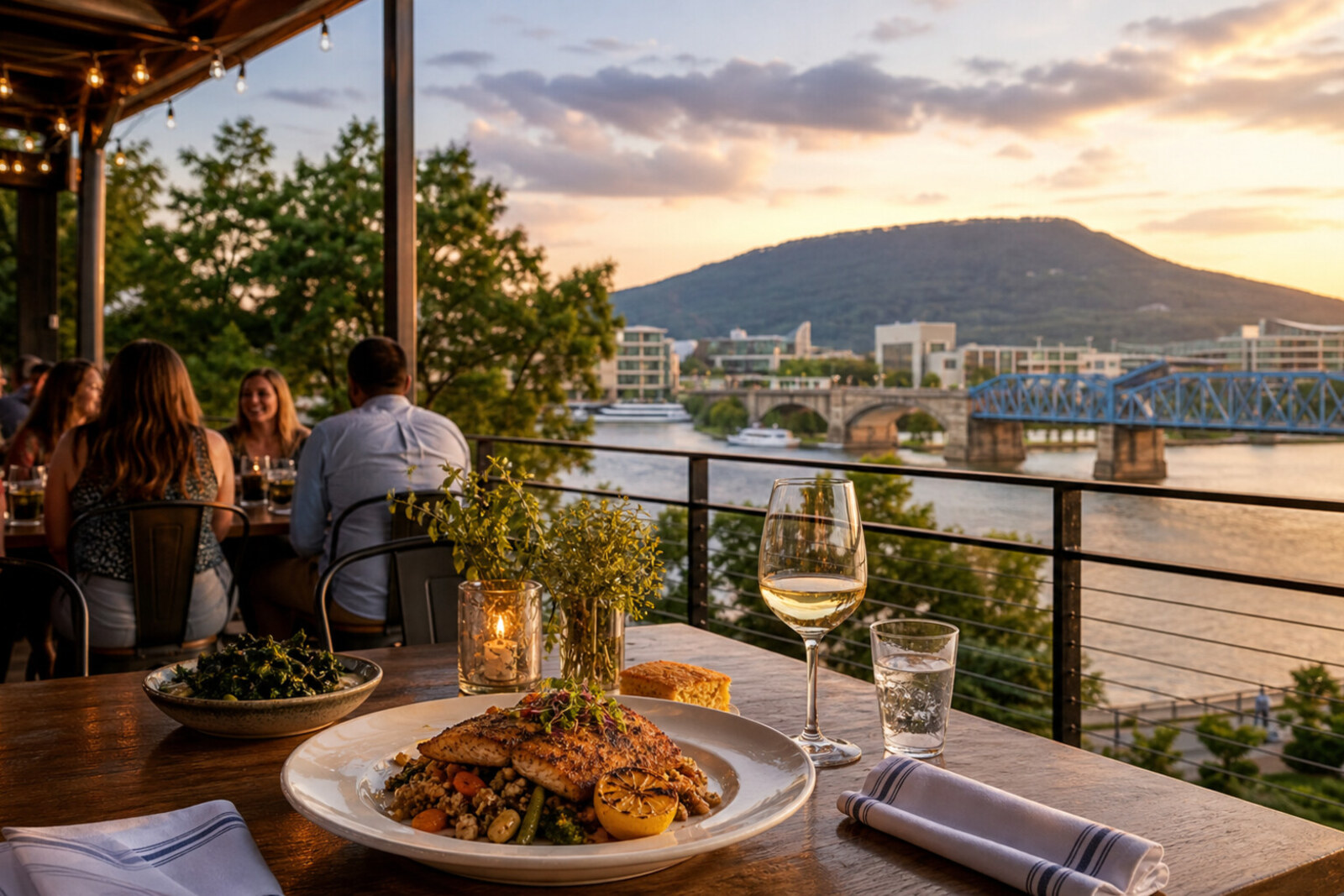 Chattanooga Southside restaurant patio at twilight