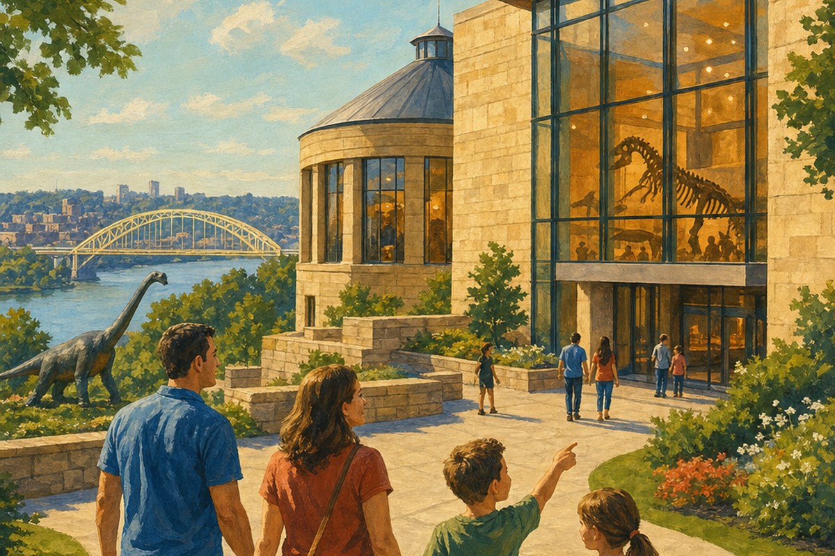 Family walking toward the Creation Museum exhibits near Cincinnati