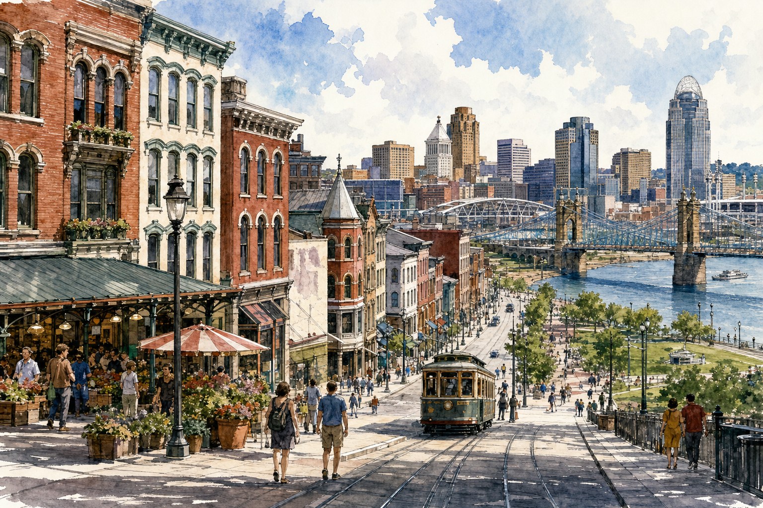 Cincinnati route descending from Over-the-Rhine toward downtown bridges and the Ohio River
