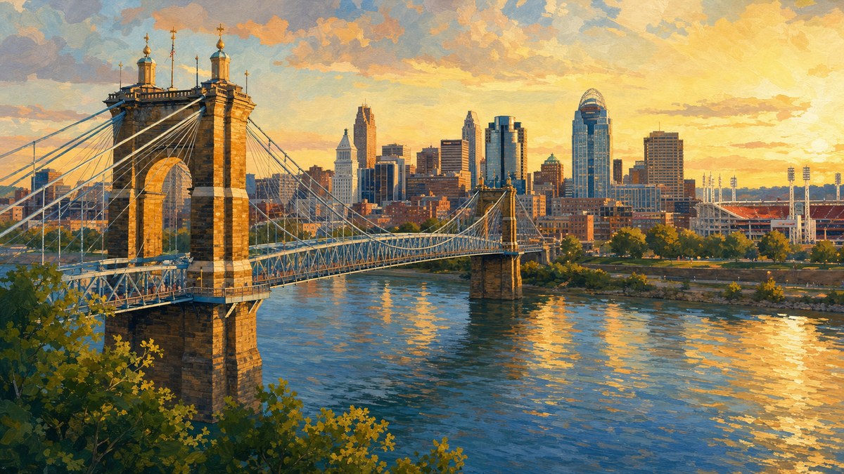 Cincinnati riverfront skyline near stadium district