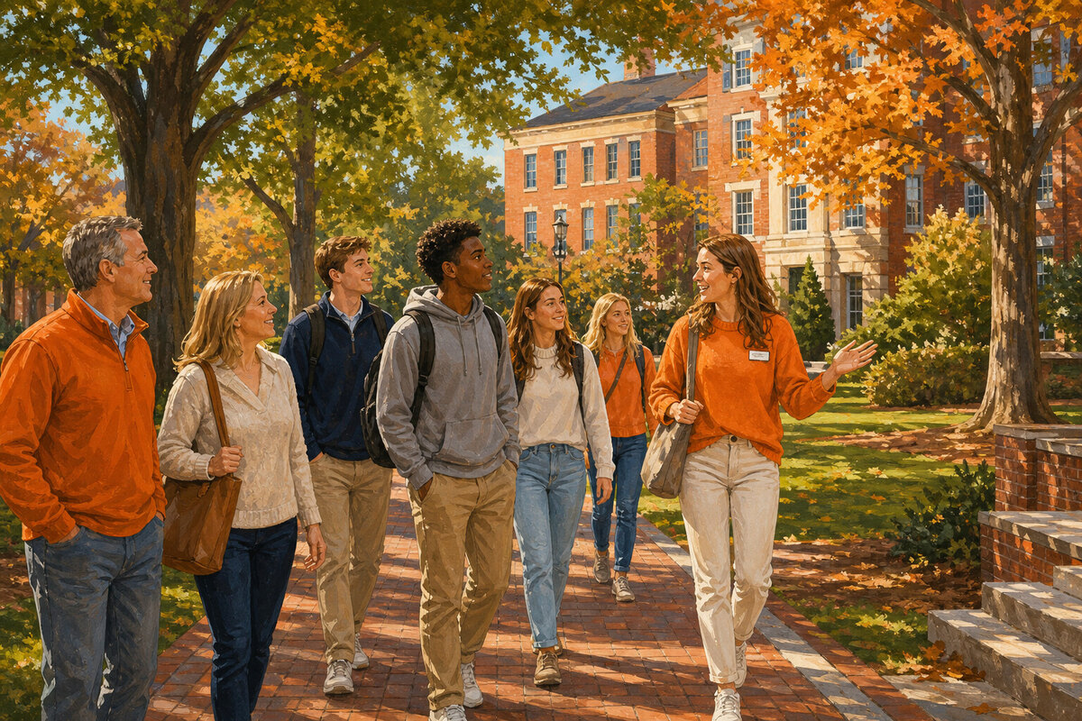 Illustration of prospective students and parents on a Clemson campus tour