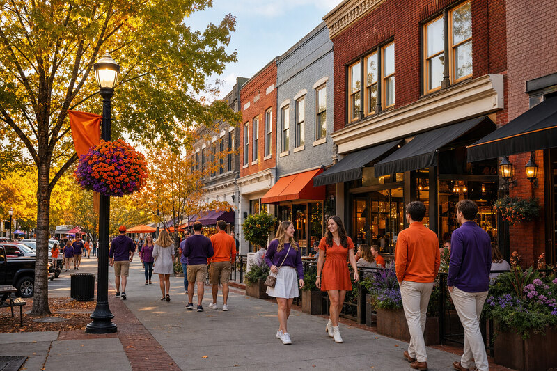 College Avenue in downtown Clemson in the evening