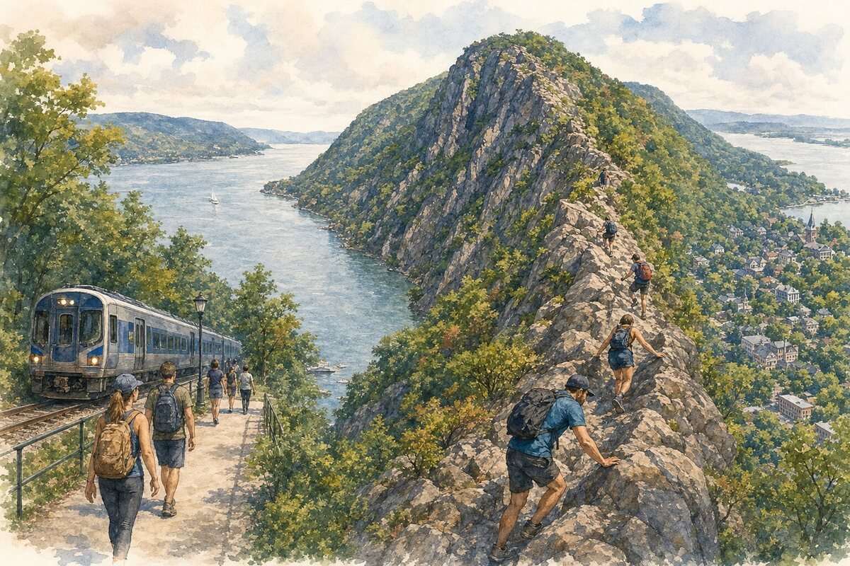 Breakneck Ridge train arrival, Hudson River ridge scramble, and Cold Spring village return