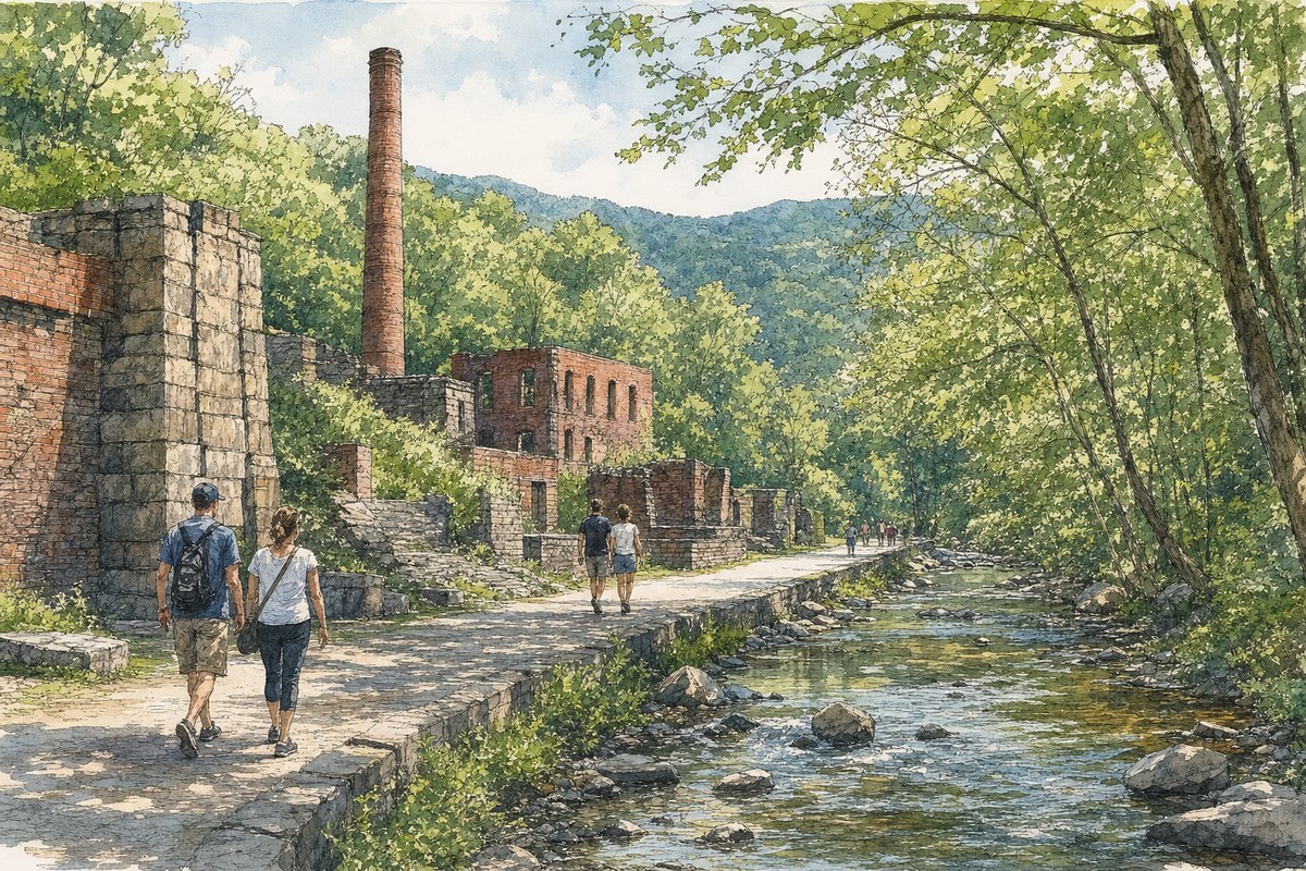 Editorial illustration of a wooded foundry ruin and creekside path