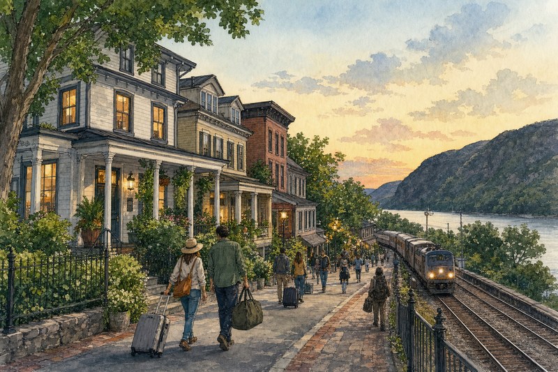 Editorial illustration of a Hudson Line arrival beside a Cold Spring inn