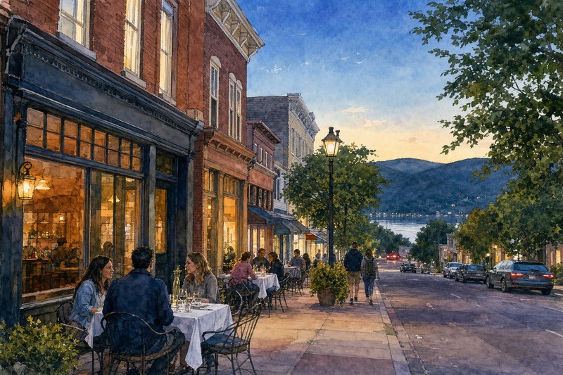 Editorial illustration of evening dining on a Hudson Valley main street