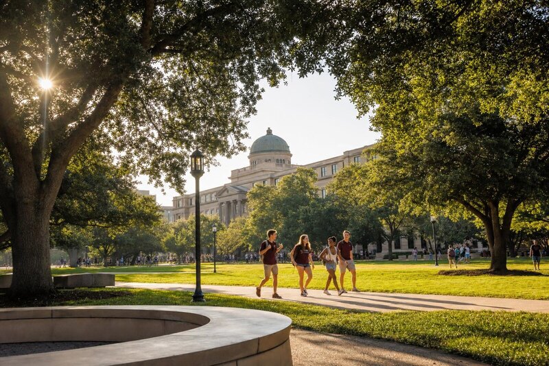 Oak-lined campus green in College Station