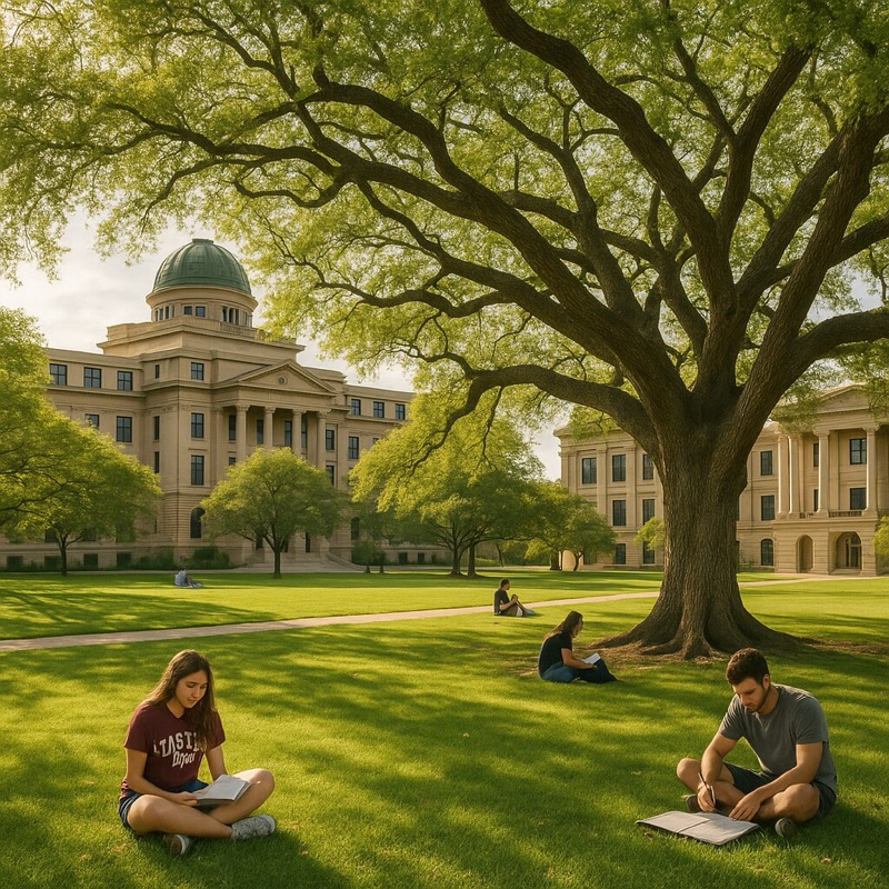 Oak-lined campus green in College Station