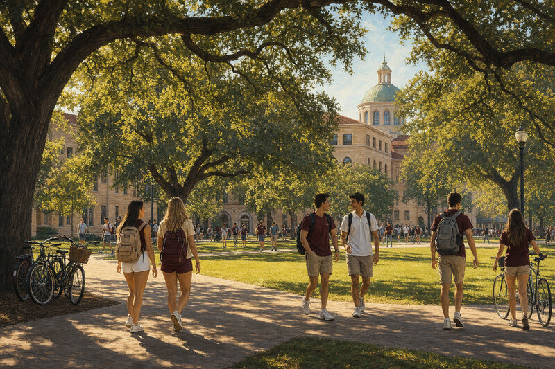 Oak-lined campus green in College Station