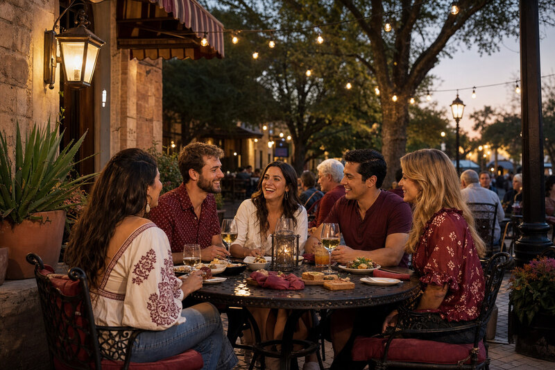 Warm evening patio scene in College Station