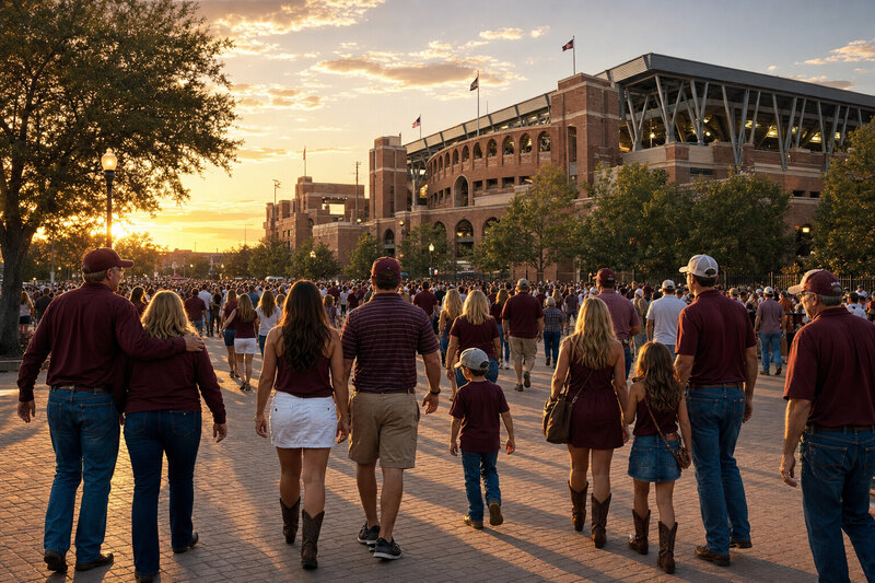 Contextual football crowd approaching a large college stadium