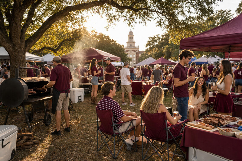 Tailgate scene in College Station on gameday
