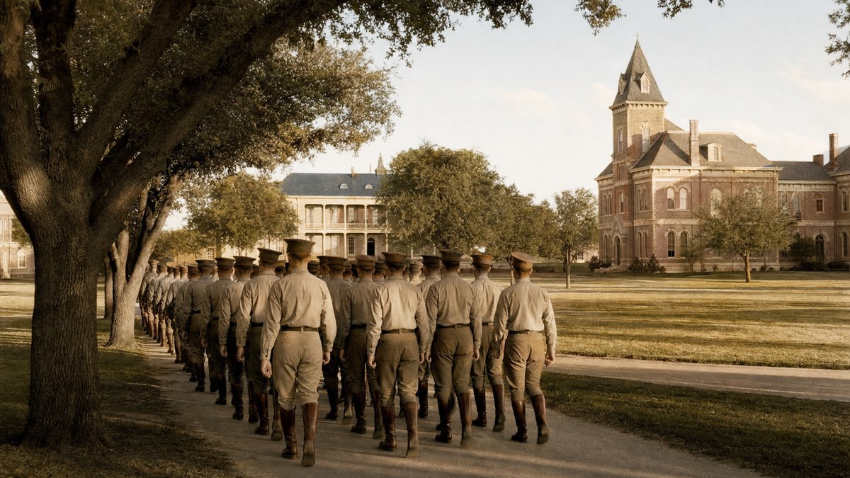 Editorial reconstruction of cadets crossing an early Texas agricultural college campus
