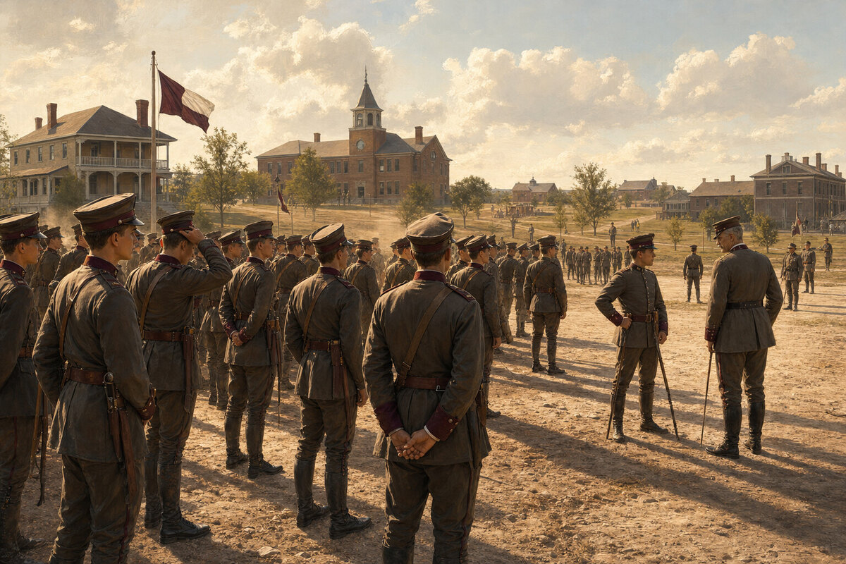 Editorial reconstruction of cadets crossing an early Texas agricultural college campus