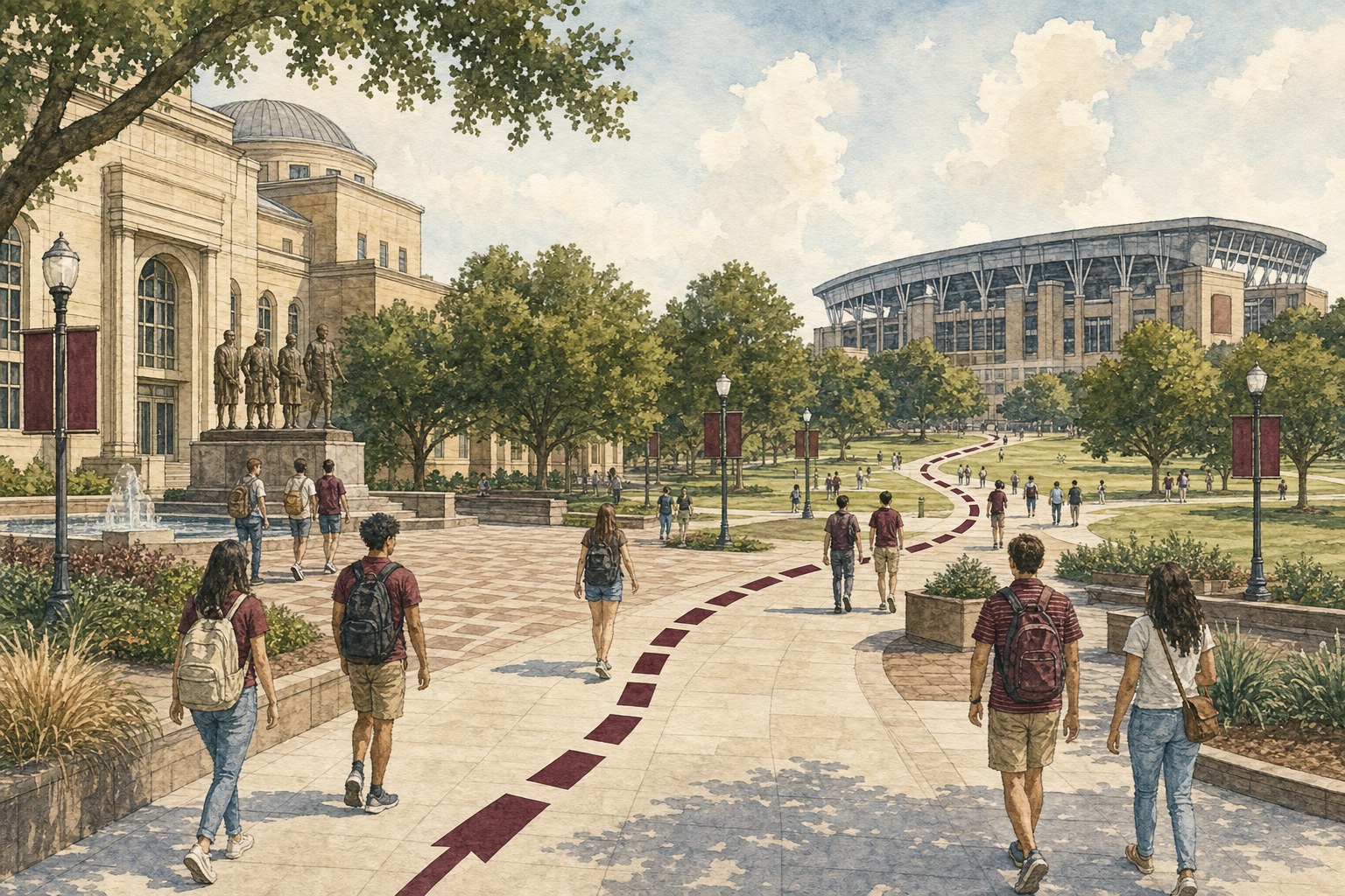 Shaded Texas A&M campus route leading across an academic green toward the stadium