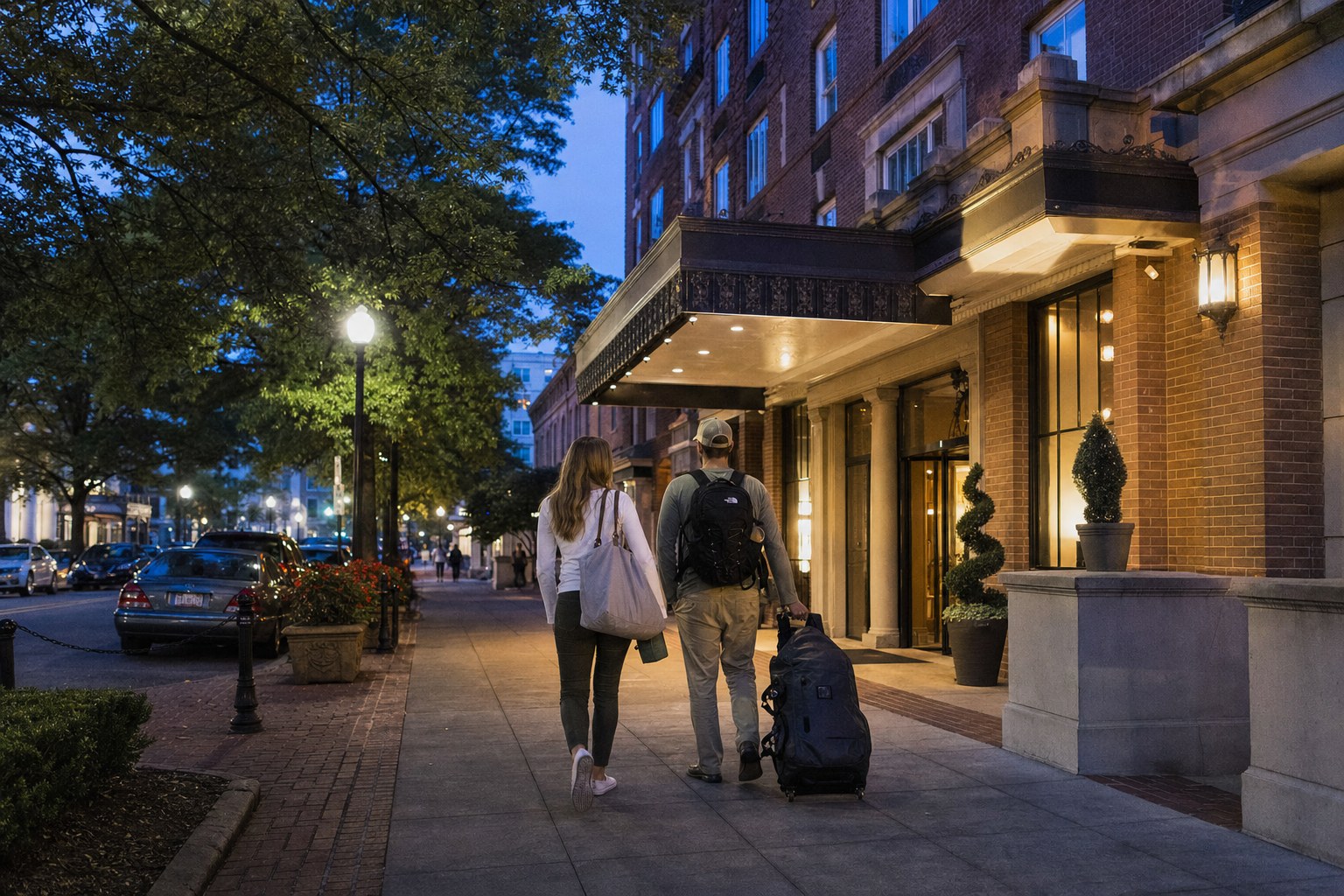Travelers arriving at a downtown Columbia hotel in the evening