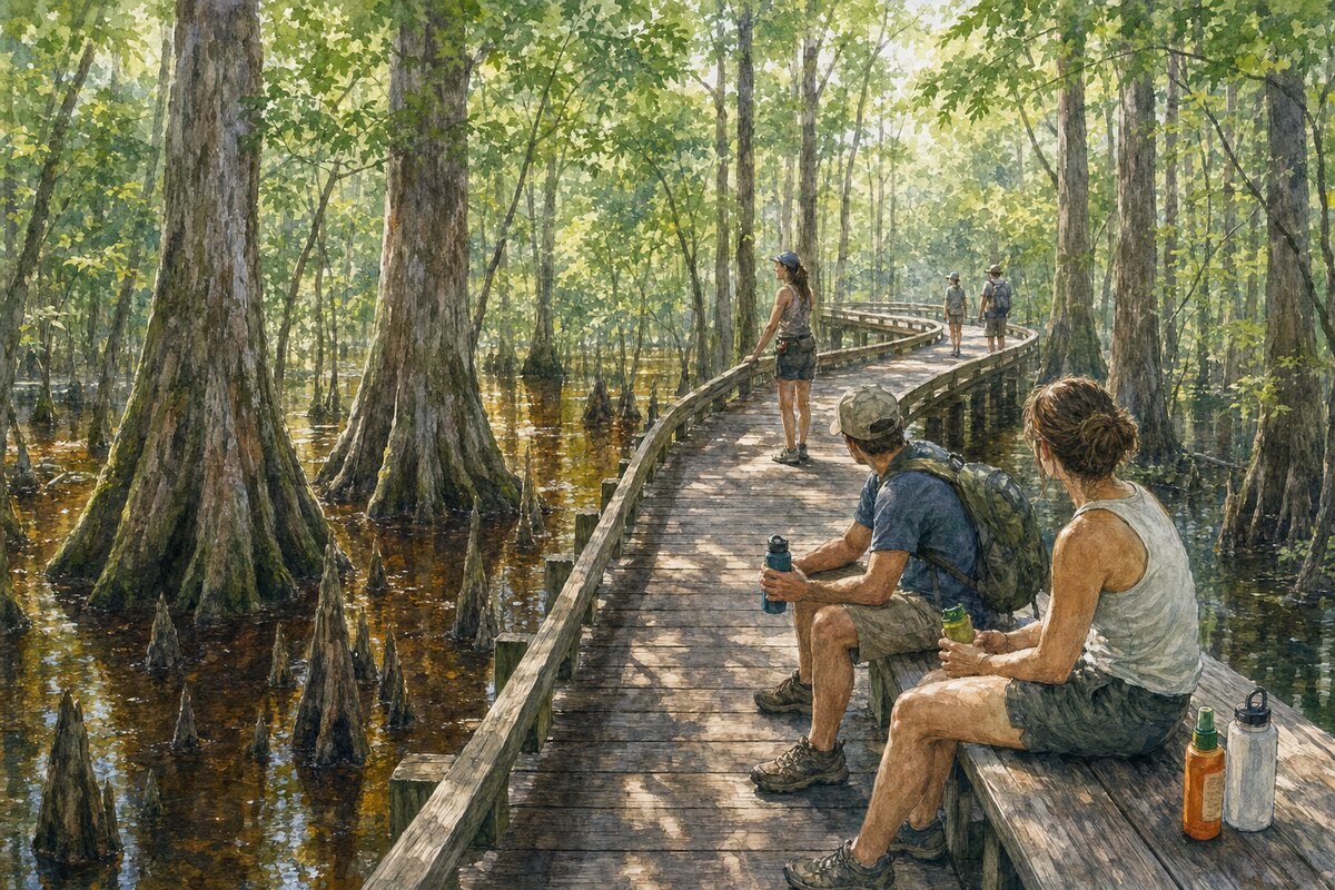 Congaree boardwalk water-level heat and mosquito decision cue