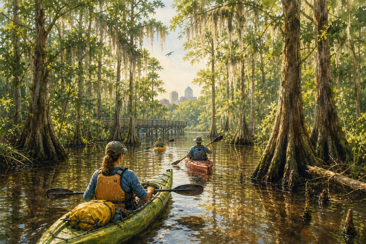 Watercolor illustration of Cedar Creek kayaking timing in Congaree