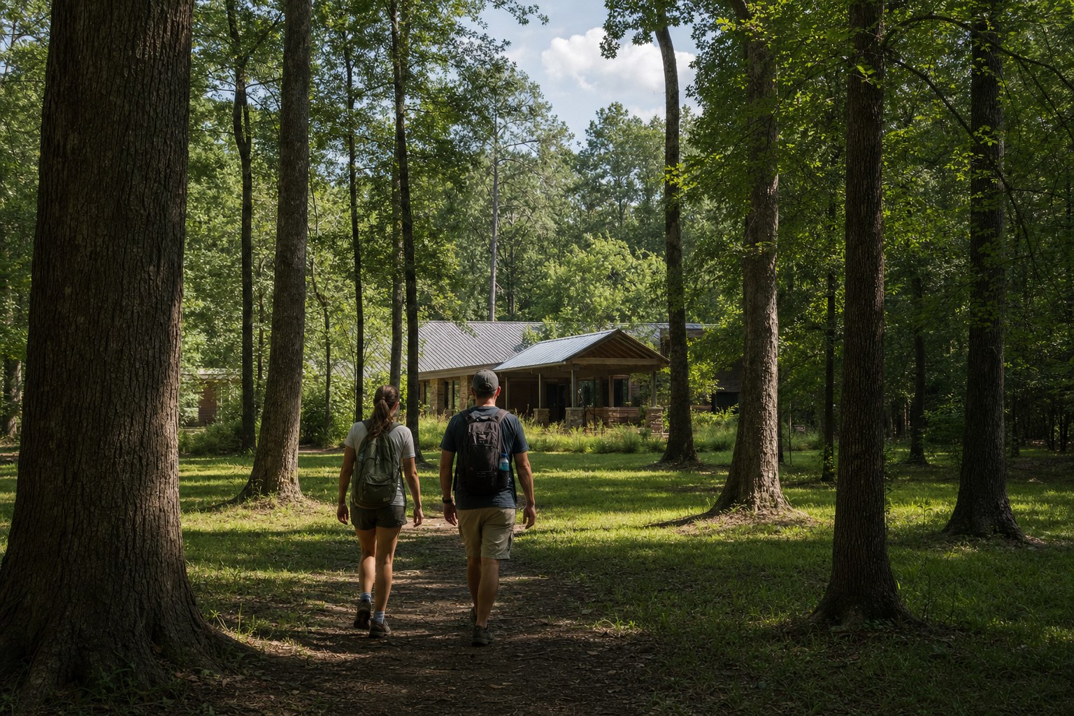 Travelers approaching the visitor area at Congaree National Park