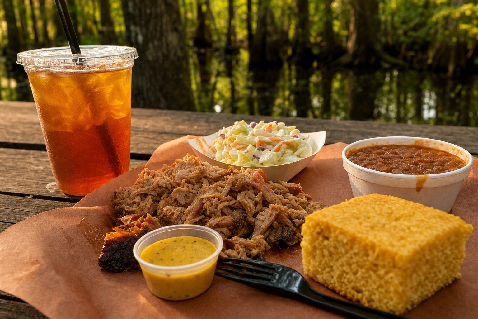 South Carolina pulled pork barbecue with mustard sauce and sides