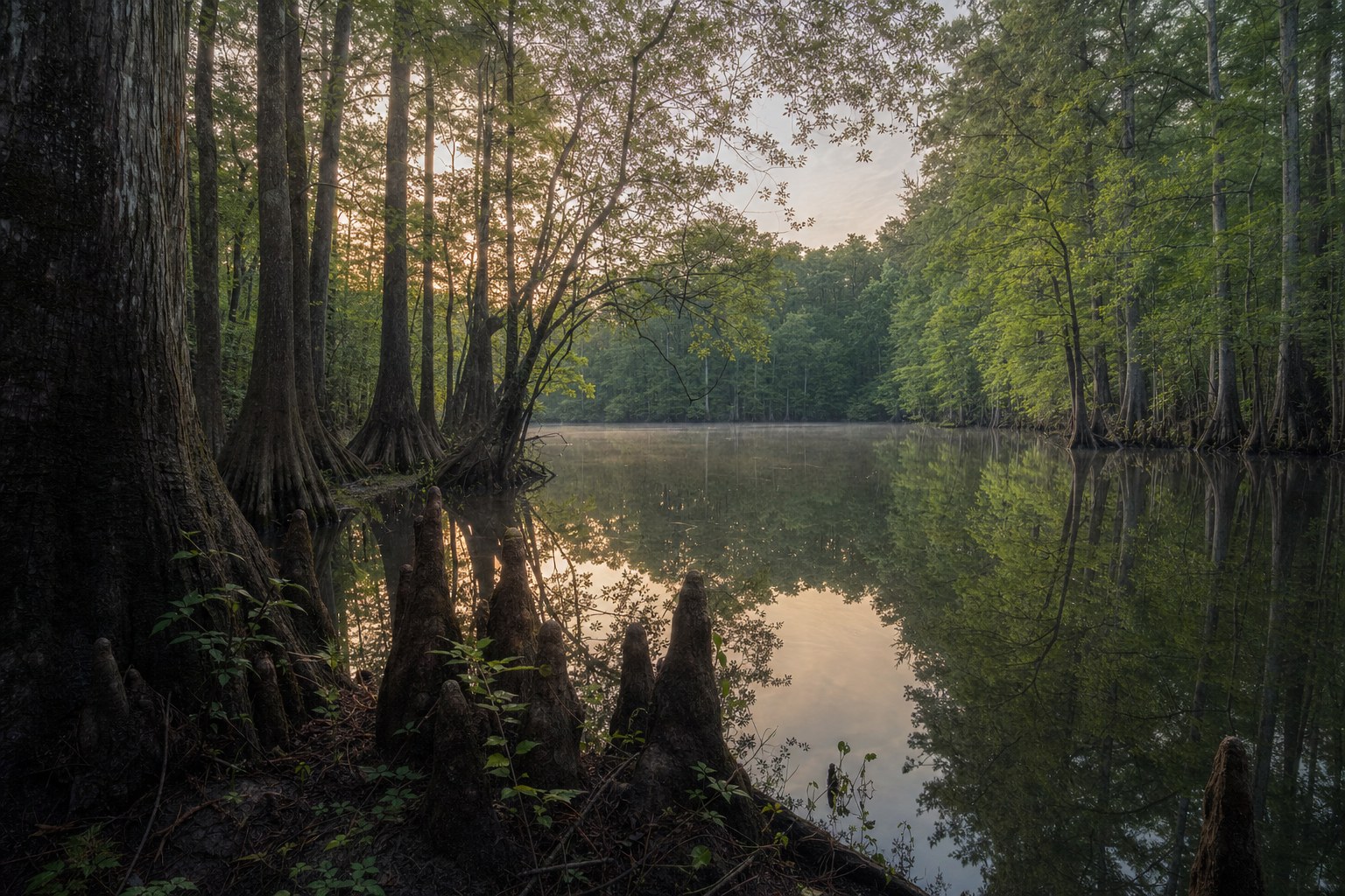 Still water and cypress knees at Weston Lake in Congaree