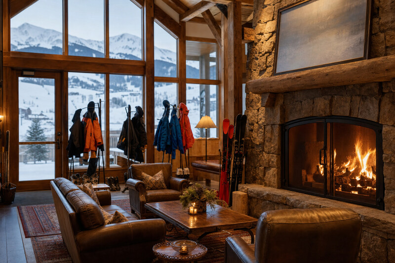A cozy Crested Butte ski lodge lounge with a fireplace and snowy mountain views