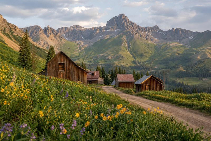 Gothic Town buildings and wildflower meadows near Crested Butte