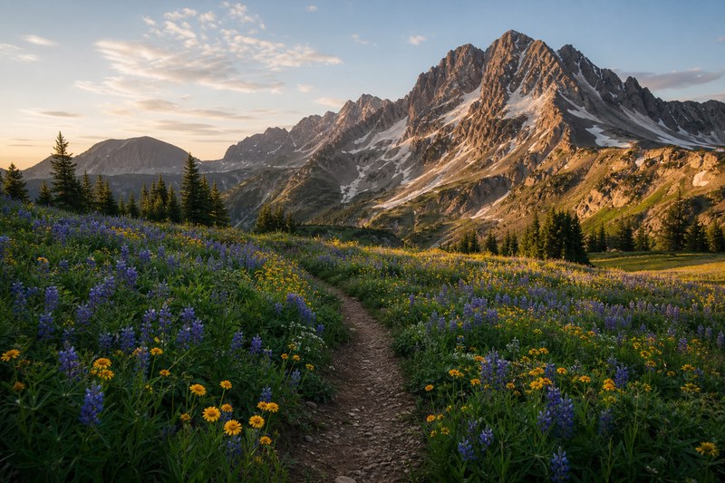 Crested Butte alpine wildflower meadow with a trail and mountain backdrop
