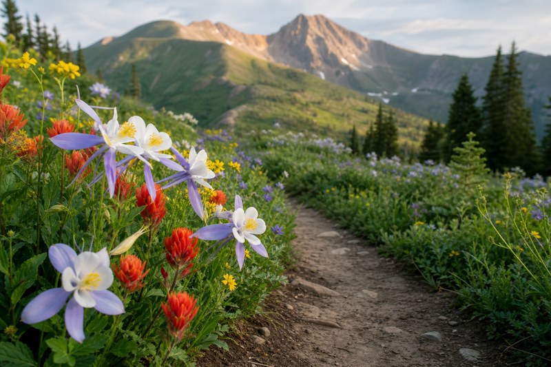 Wildflower-lined hiking trail in the mountains near Crested Butte