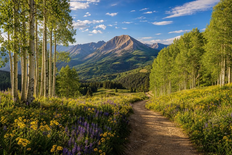 Kebler Pass style road through aspens and summer wildflowers near Crested Butte