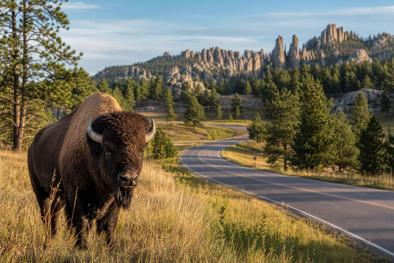 Bison and rolling Black Hills scenery near Custer