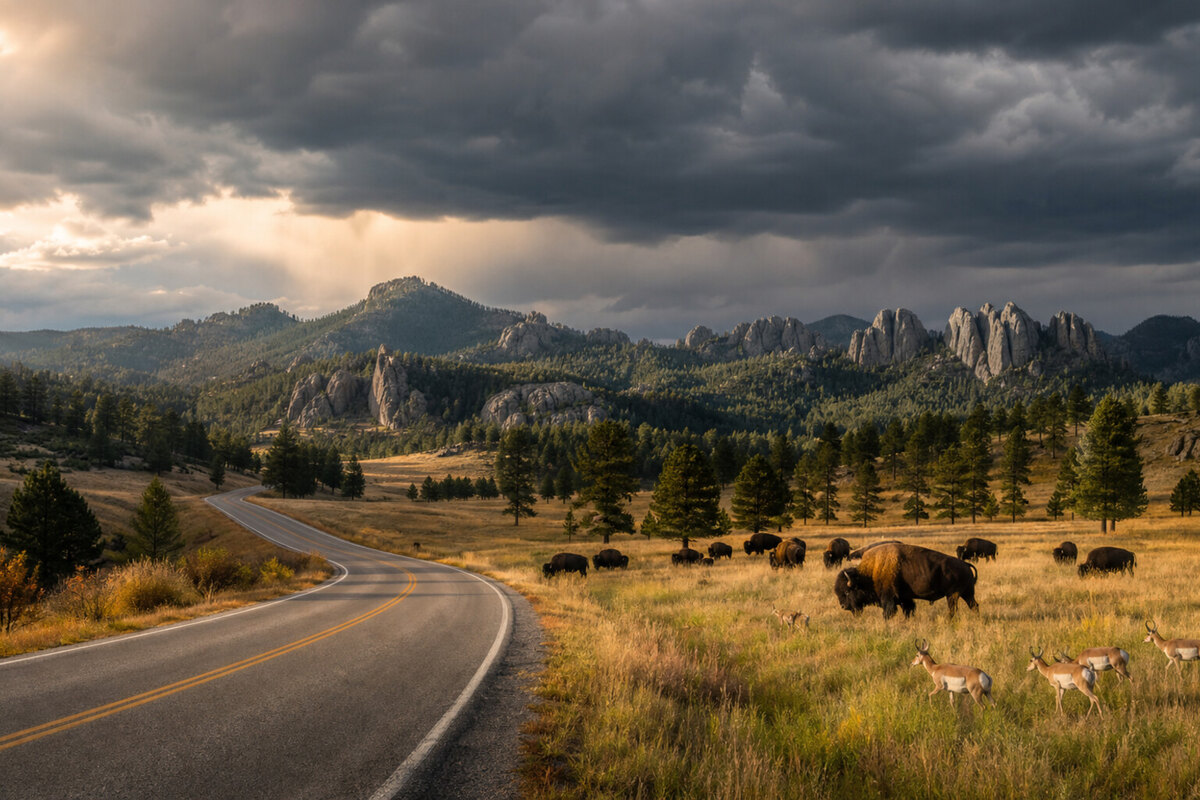Illustrated Custer State Park wildlife and weather planning scene
