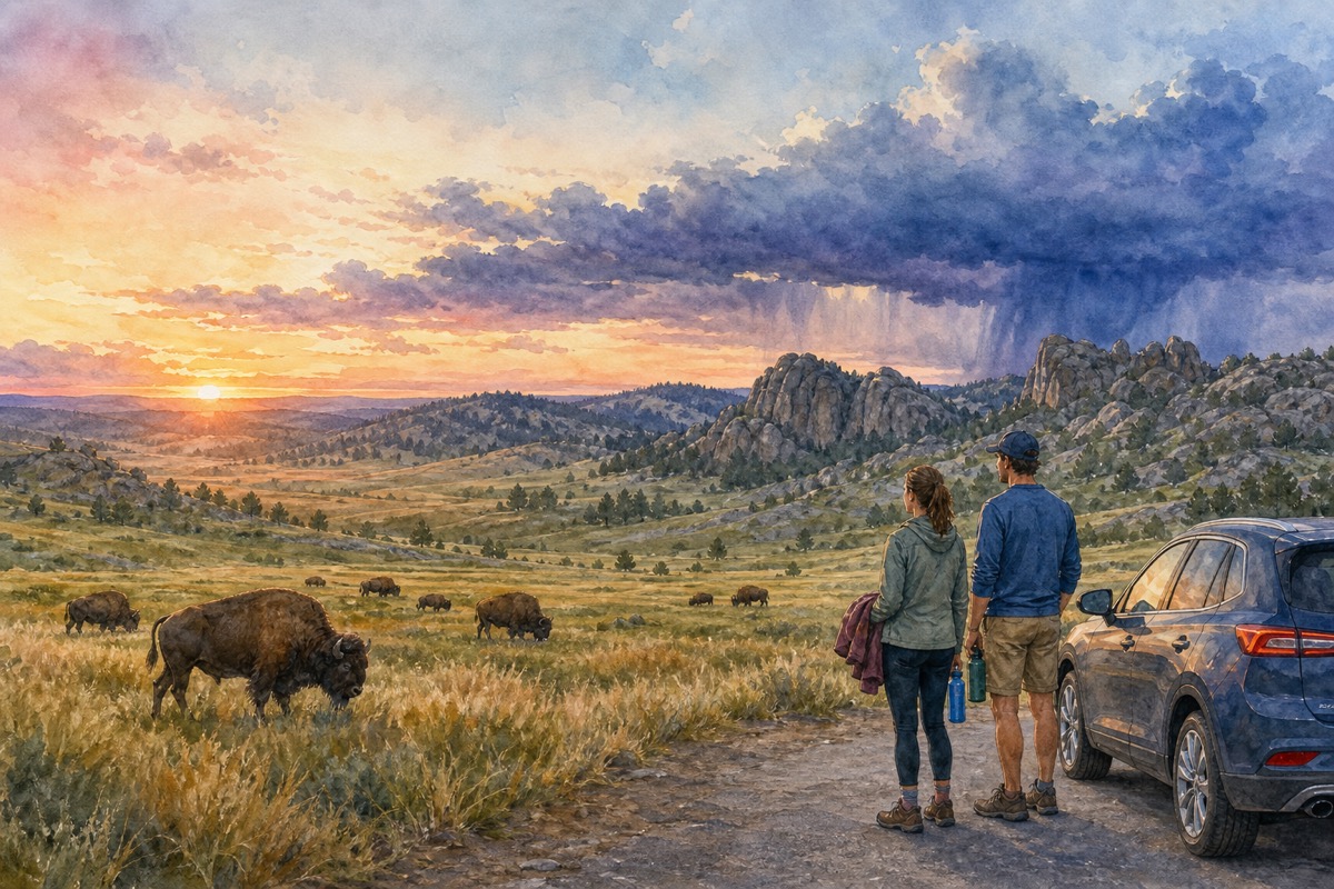 Watercolor illustration of Custer State Park wildlife timing and storm margin planning