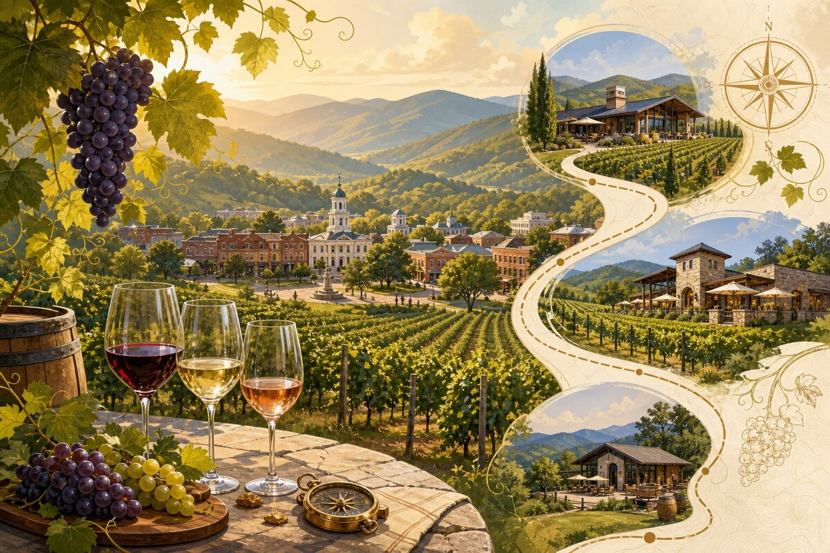 Illustrated Dahlonega wine route with vineyards and mountain tasting rooms