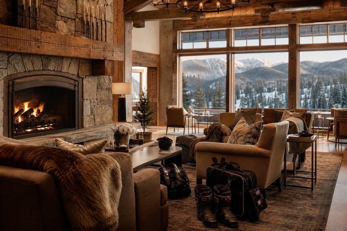 Fireside lounge in a Deer Valley mountain lodge