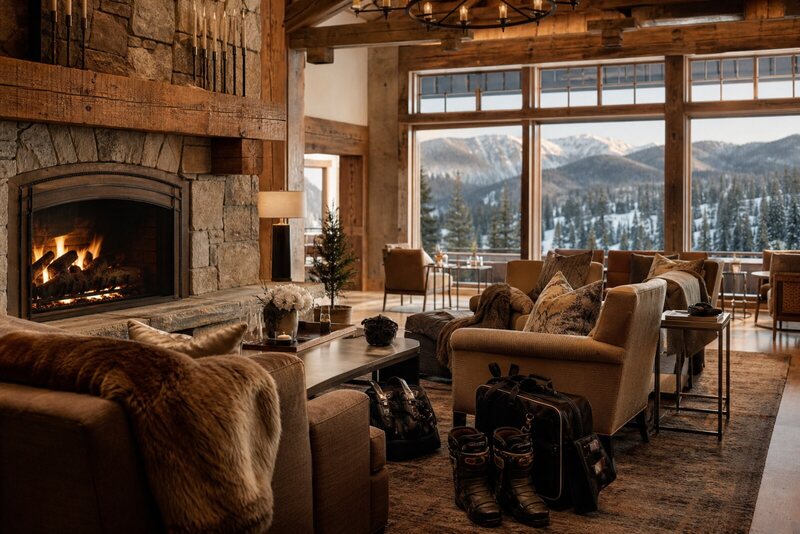 Warm Deer Valley lodge lounge with fireplace and ski gear