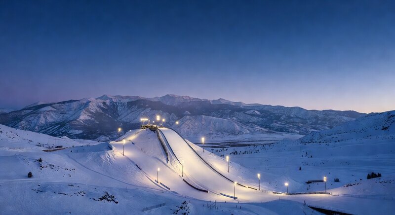Aerials venue under winter evening lights
