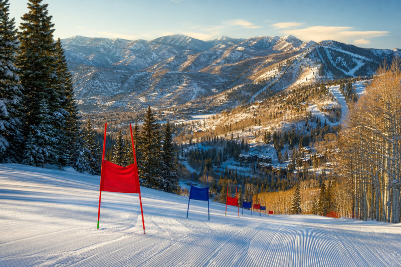 Slalom gates on a Deer Valley-style Olympic race hill
