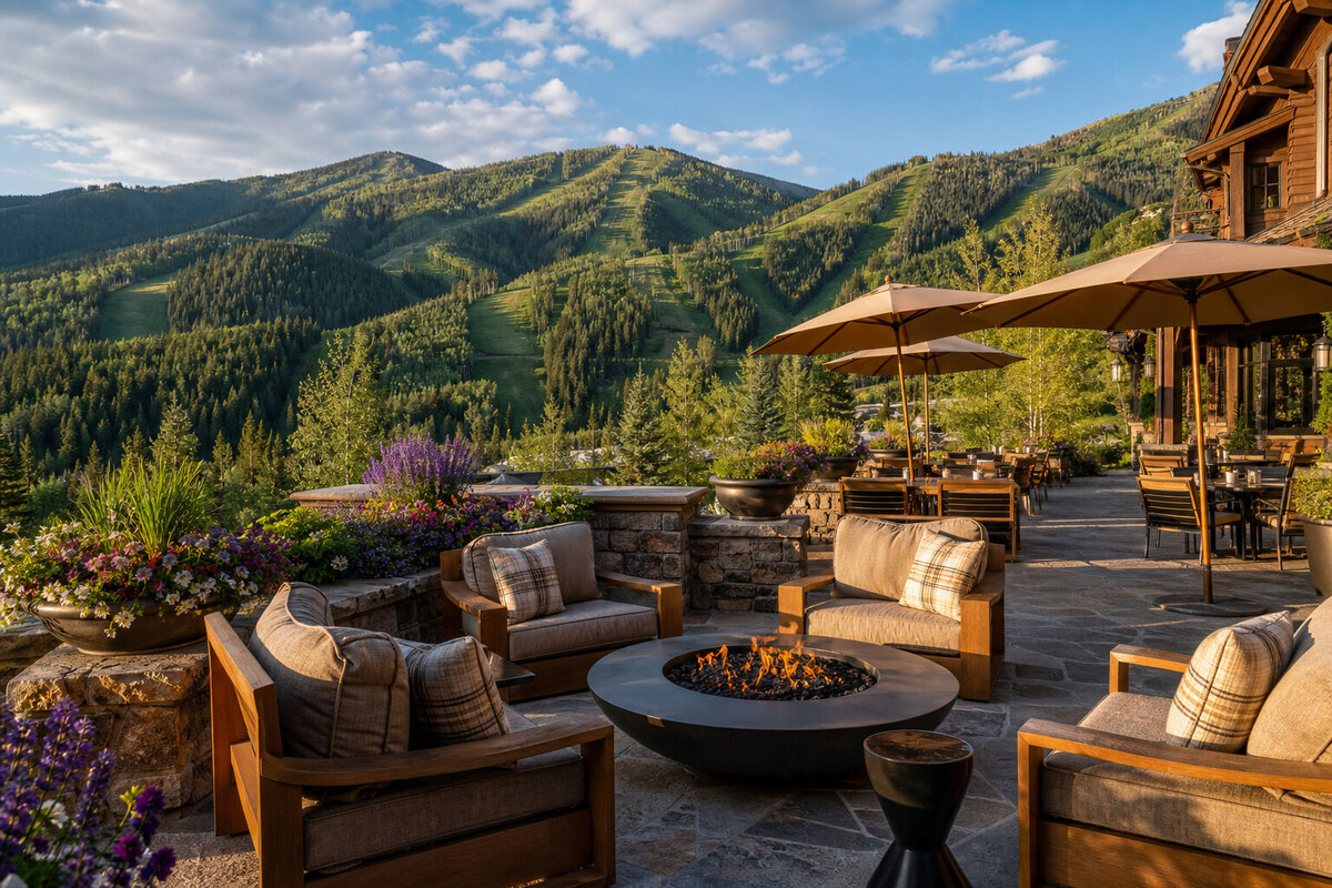 Mountain patio set for lunch in Deer Valley