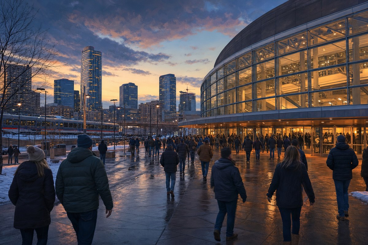Fans approaching a Denver arena on a winter evening
