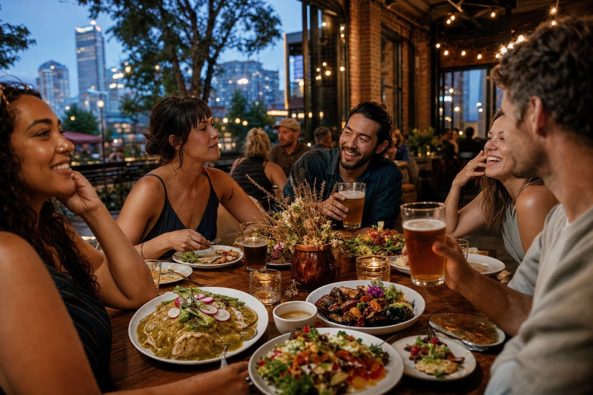Friends sharing a colorful dinner in a Denver neighborhood restaurant